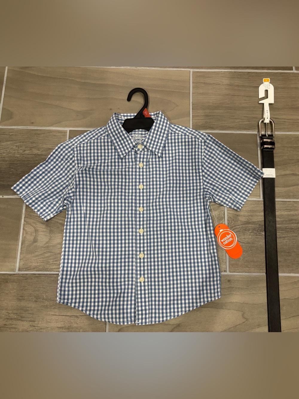 Kids Wonder Nation size 8 dress shirt and Time and Tru size large black belt NWT